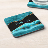 DIY-naam, zwart, goud en Blauwgroen Agate Square Bier Onderzetter (Linkerzijde)