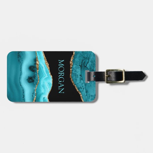 DIY-naam, zwart, goud en Blauwgroen Bagagelabel (Voorkant horizontaal)