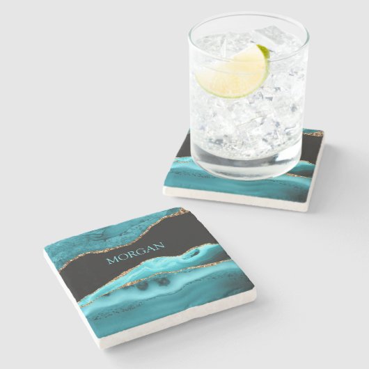 DIY-naam, zwart, goud en Blauwgroen getijden Stenen Onderzetter (Zijkant)