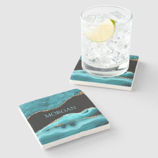 DIY-naam, zwart, goud en Blauwgroen getijden Stenen Onderzetter (Zijkant)
