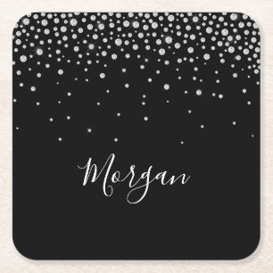 DIY Name White Script & White Diamonds, zwart Kartonnen Onderzetters