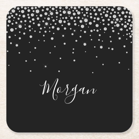 DIY Name White Script & White Diamonds, zwart Kartonnen Onderzetters (Voorkant)