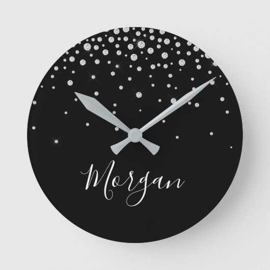 DIY Name White Script & White Diamonds, zwart Ronde Klok (Voorkant)