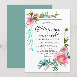 DIY Pink Floral Waterverf Christening Uitnodiginge Kaart