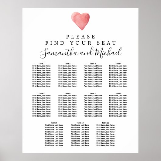 DIY Red Heart 11-tafel Wedding Seating Chart Poster (Voorkant)