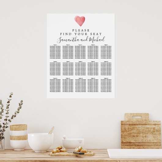 DIY Red Heart 15-tafel bruiloft Poster (Keuken)