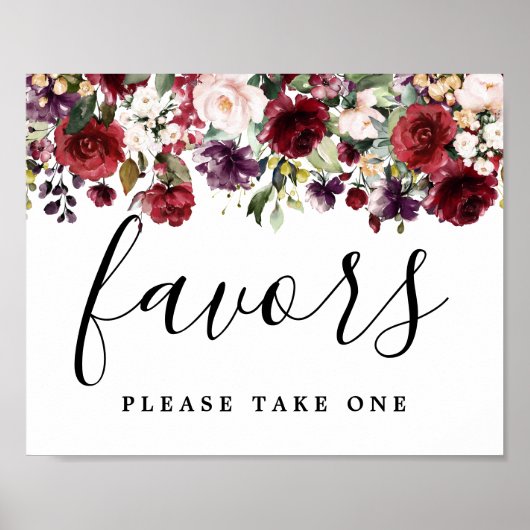 DIY Rustic Red Pink Floral Wedding Favor Sign Poster (Voorkant)