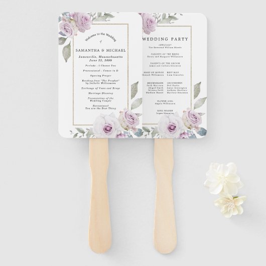 DIY rustieke Paarse bloemenbruiloft programma Handwaaier (Voorkant en achterkant)