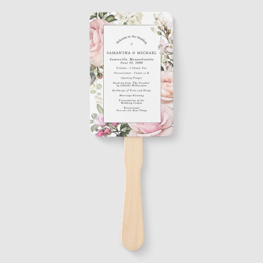 DIY rustieke roze bloemenbruiloft programma Handwaaier (Voorkant)
