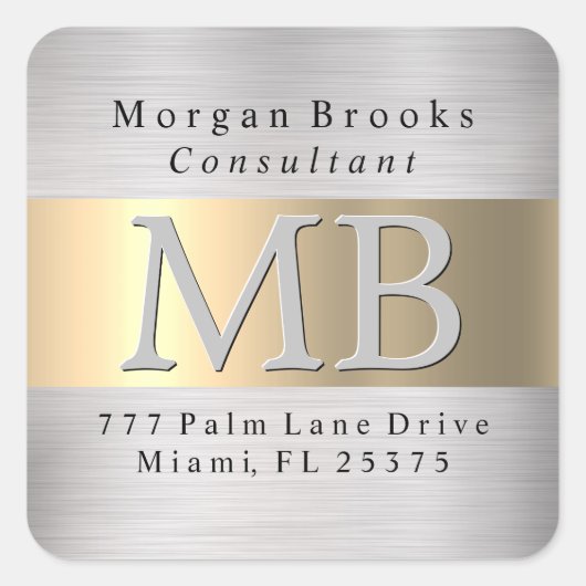 DIY Terugkeeradresetiket, Geborsteld Staal & Goud Vierkante Sticker (Voorkant)