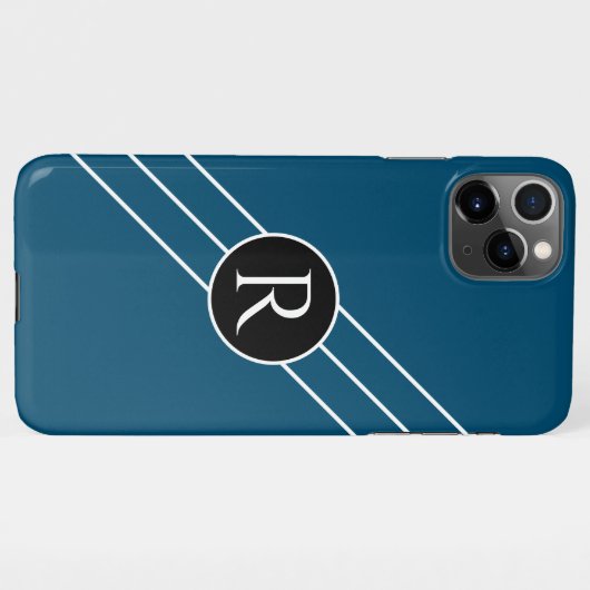DIY White Monogram Circular Lines Ocean Blue & Bla iPhone Hoesje (Achterkant horizontaal)