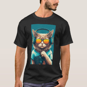 DJ 80s Kat Kitten met zonnebrillen en kop T-shirt