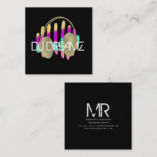 DJ Business Music Producer Neon en Faux Gold Vierkante Visitekaartje (Voorkant / Achterkant)