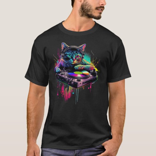 DJ Cat Disco Cat Black Party Cat Cats T-shirt (Voorkant)