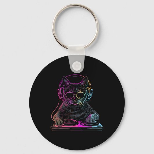 DJ Cat Edm Techno House Muziek Funny Cat Lover Sleutelhanger (Voorkant)