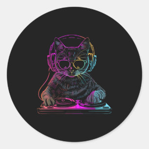 Dj Cat Edm Techno House Muziek Grappige Kattenlief Ronde Sticker