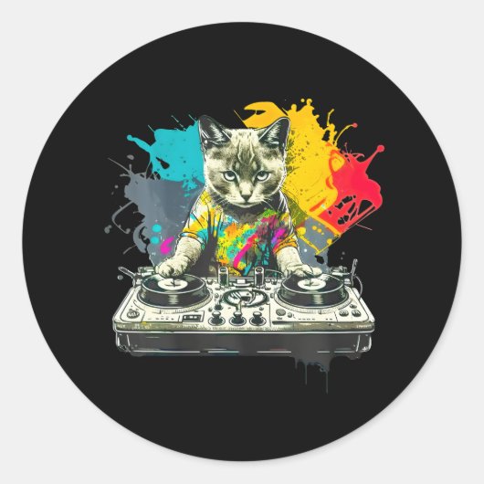 Dj Cat grappig huis muziek kat muziek liefhebber Ronde Sticker (Voorkant)