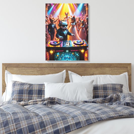 DJ Cat op een glamoureuze Feline Ballroom Party Canvas Afdruk (Insitu (Slaapkamer))