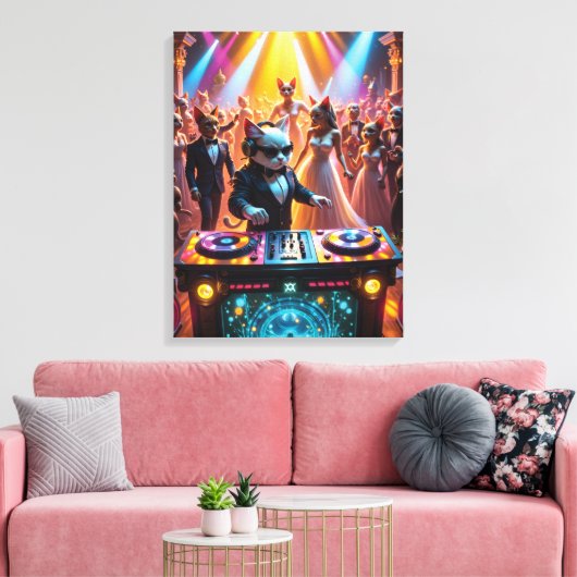 DJ Cat op een glamoureuze Feline Ballroom Party Canvas Afdruk (Insitu (Woonkamer))