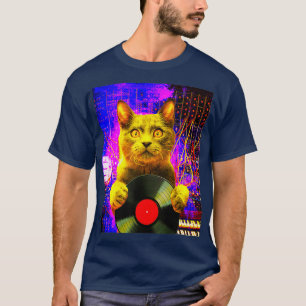 DJ Cat op synthesizer in de ruimte vinyl record T-shirt