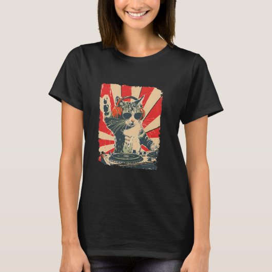 DJ Cat Retro - Cool Disco Kitty Spinning Vinyl DJ  T-shirt (Voorkant)