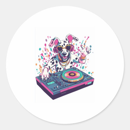 DJ Dalmatian – EDM Rave Party Dog Ronde Sticker (Voorkant)