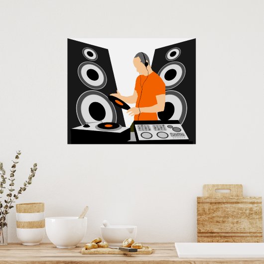 DJ die vinyl draait op het dek Poster (Keuken)