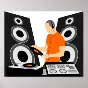 DJ die vinyl draait op het dek Poster