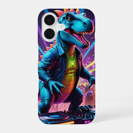 DJ Dinosaur Party Met Neon Lights iPhone 16 Hoesje (Achterkant)