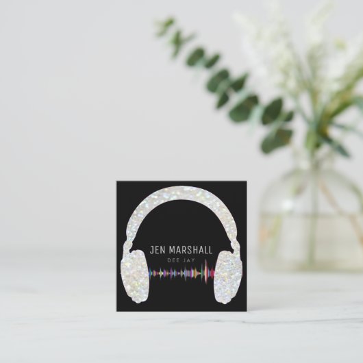 DJ faux grijs glitter muziek koptelefoon Vierkante Visitekaartje (Staand voorkant)