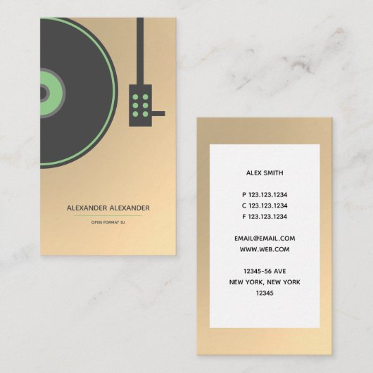 DJ Gold Faux en Green Platenspeler minimalist Visitekaartje (Voorkant / Achterkant)