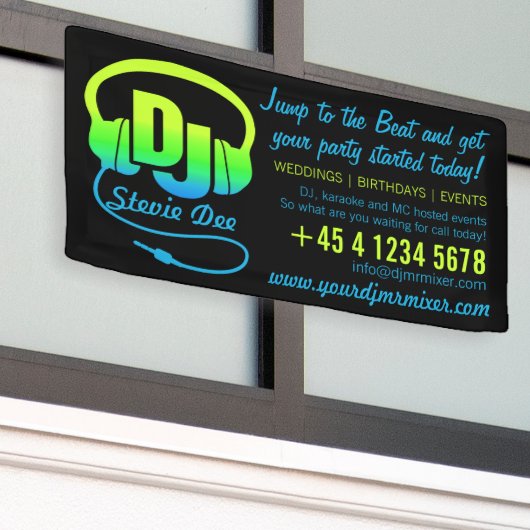 DJ hoofdtelefoon groen blauw op zwart promotie Spandoek (Buitenkant Gebouw)