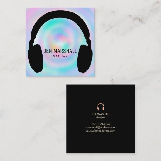 DJ hoofdtelefoon op faux holografische achtergrond Vierkante Visitekaartje (Voorkant / Achterkant)