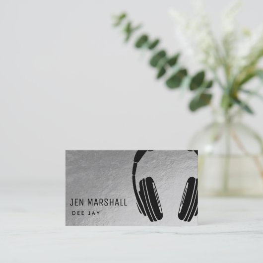 DJ hoofdtelefoon op faux silver Visitekaartje (Staand voorkant)