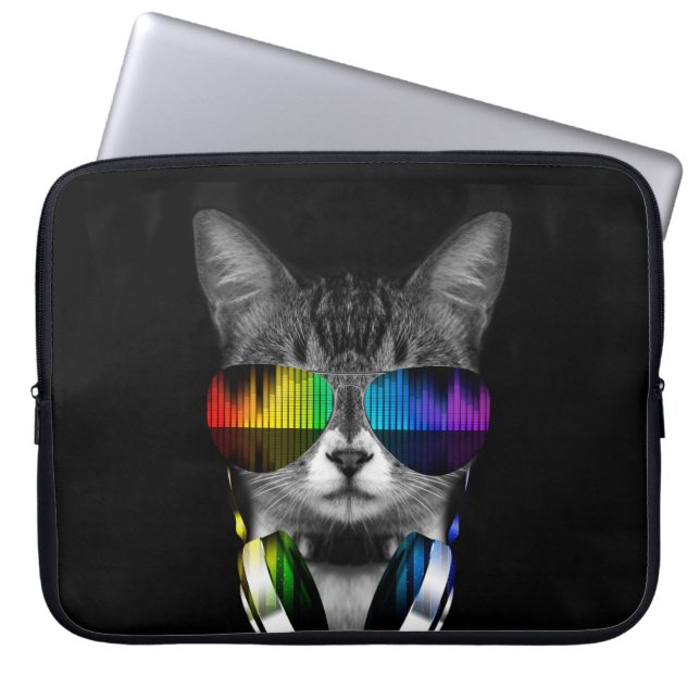 DJ-kat met zonnebrillen en koptelefoons Laptop Sleeve (Voorkant)