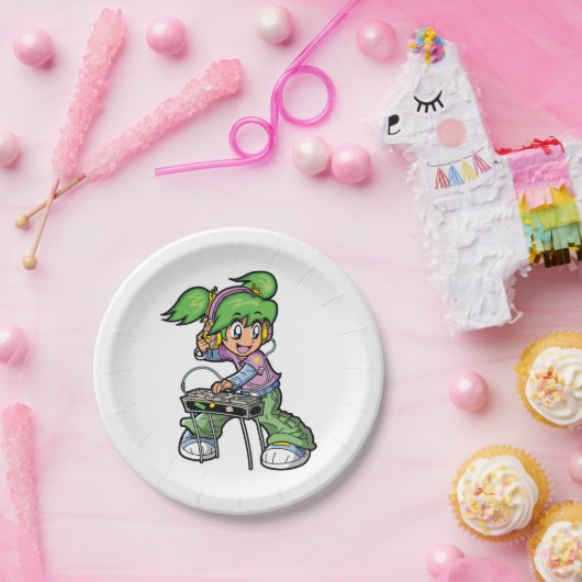 DJ Meisje met groen haar en hoofdtelefoon Papieren Bordje (Feest)