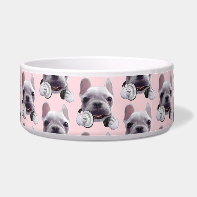 DJ Mode Aan: Koele Franse Bulldog met Hoofdtelefoo Voerbakje (Voorkant)