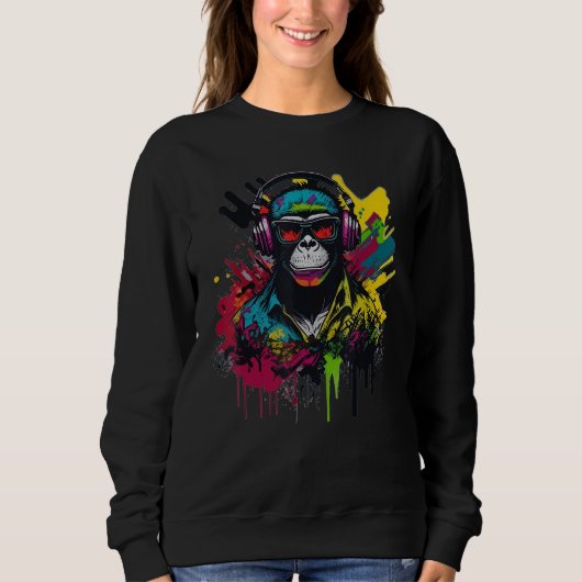 DJ Monkey Chimp With Sunglasses & Headphones Cool  Trui (Voorkant)