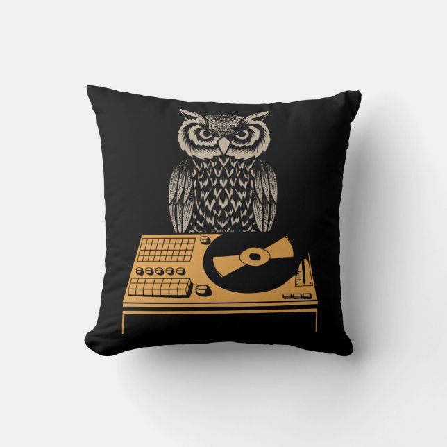 DJ Owl Turntable Retro Vinyl Kussen (Voorkant)