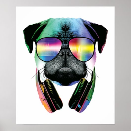 Dj Pug met zonnebrillen en hoofdtelefoonmuziek Poster (Voorkant)