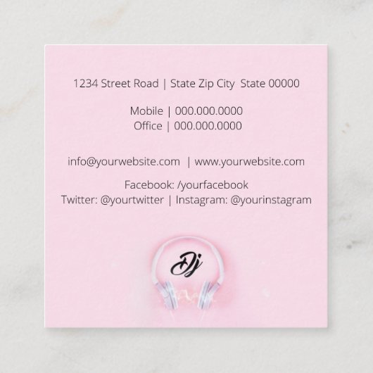 DJ Roze Vierkante Visitekaartje (Achterkant)