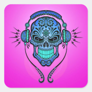 DJ Sugar Skull - Blauw en Paarse Vierkante Sticker
