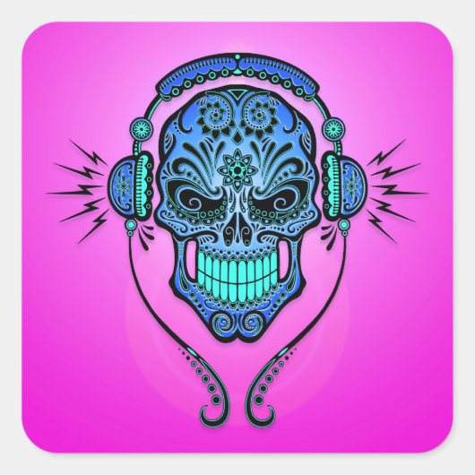 DJ Sugar Skull - Blauw en Paarse Vierkante Sticker (Voorkant)