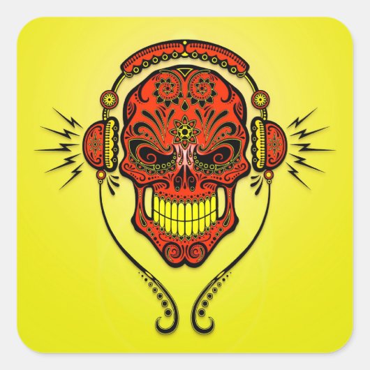 DJ Sugar Skull - Rood en geel Vierkante Sticker (Voorkant)