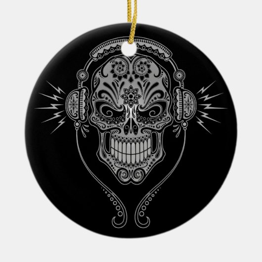 DJ Sugar Skull - Zwart Keramisch Ornament (Voorkant)