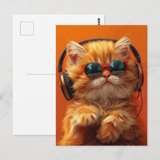 DJ Whiskers - Grappige Oranje Kat met Hoofdtelefoo Briefkaart (Voorkant / Achterkant)