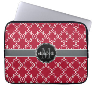 Dk Berry Red Black Moroccan Quatrefoil Monogram Laptop Sleeve