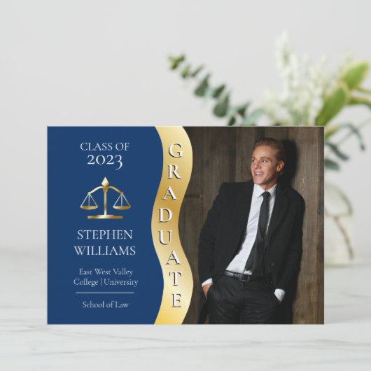 Dk Blue | Gold Afstuderen Wave Law Justice Afstude Aankondiging (Staand voorkant)