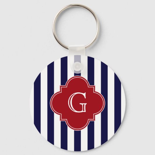 Dk Blue White Stripe Cranberry Quatrefoil Monogram Sleutelhanger (Voorkant)