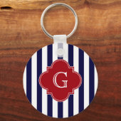 Dk Blue White Stripe Cranberry Quatrefoil Monogram Sleutelhanger (Voorkant)
